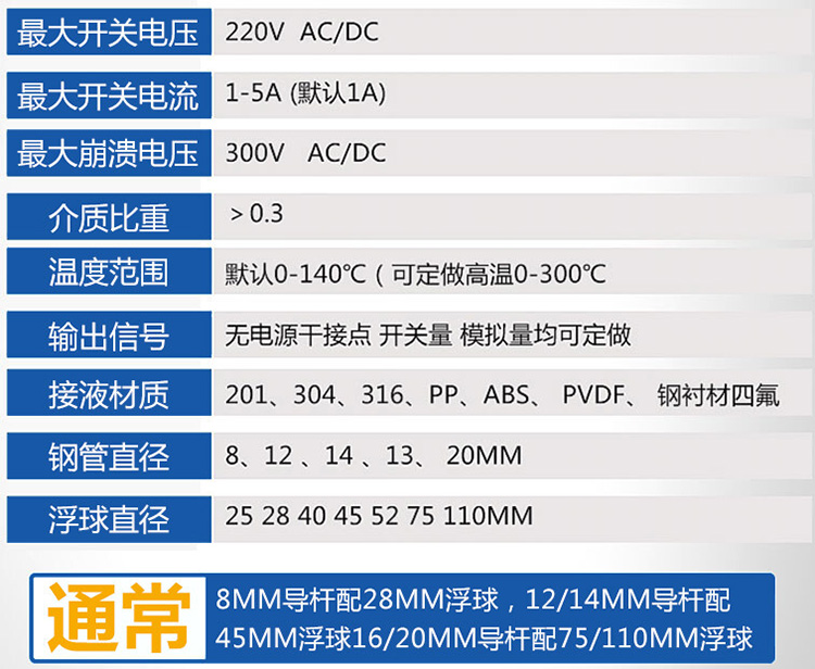 遠傳浮球液位計技術參數(shù)對照表